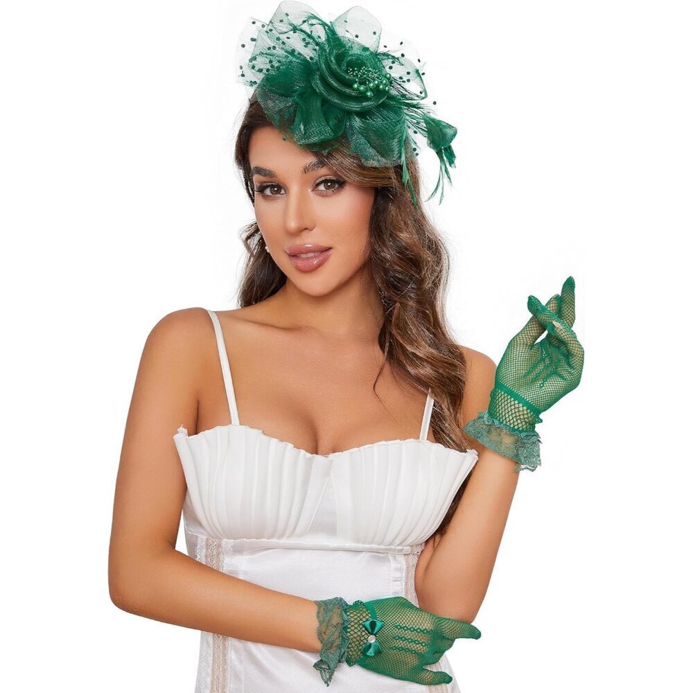 Women Lace Mesh Fascinator Hat and Gloves Set Wedding Party Accessories